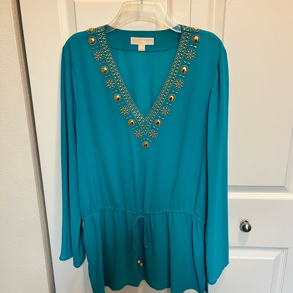 🟡MICHAEL KORS LOVED AUTHENTIC TEAL EMBELLISHED TUNIC V-NECK EMBELLISHED BLOUSE - Picture 12 of 14